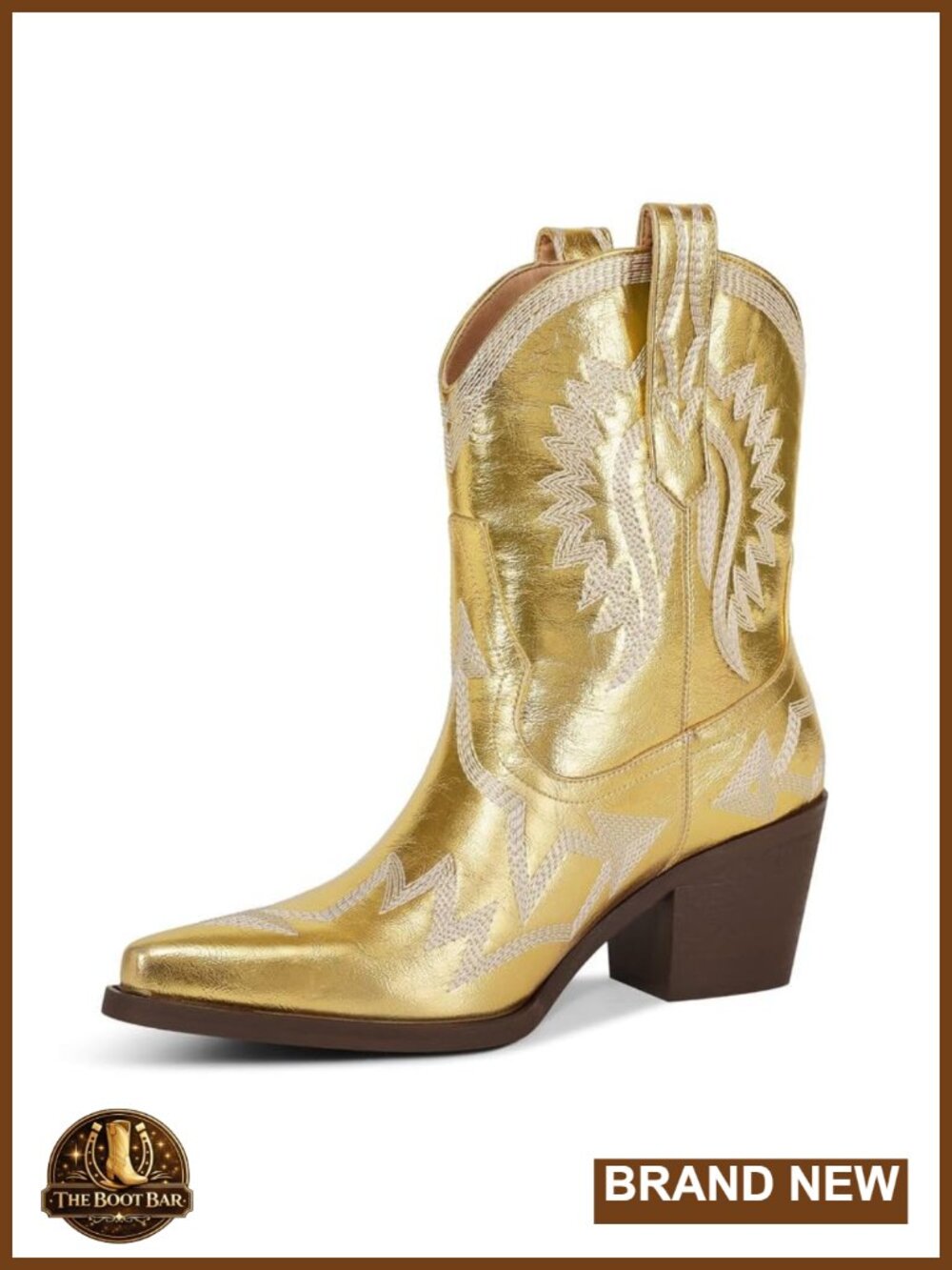 Metallic PU Leather Western Ankle Boots Pointed Toe Chunky Heel Wide Calf
